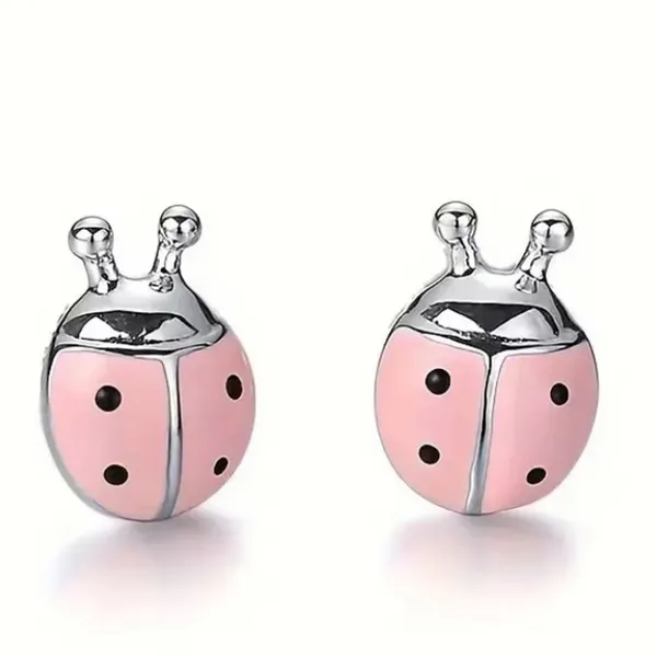 Pink and Silver Ladybug Earrings - Image 2