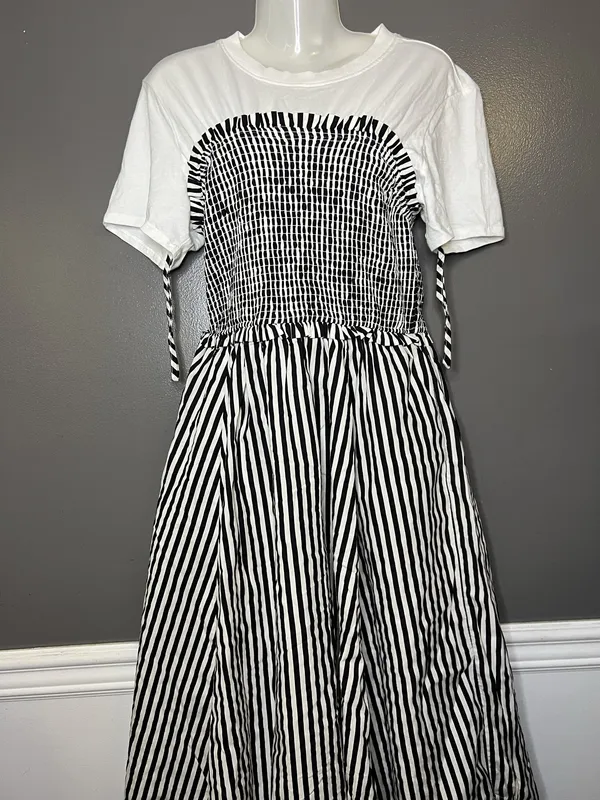 Maeve Anthropologie Dress Womens Petite Medium Black White Striped Smocked Midi - Image 2