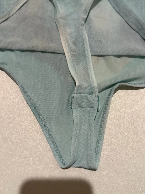 ZARA Sheer Mesh abstract seashell Bodysuit light blue strapless small - Image 5