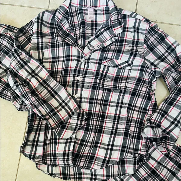Victoria's Secret Flannel Plaid Pajamas - Black, White, Pink - Image 4