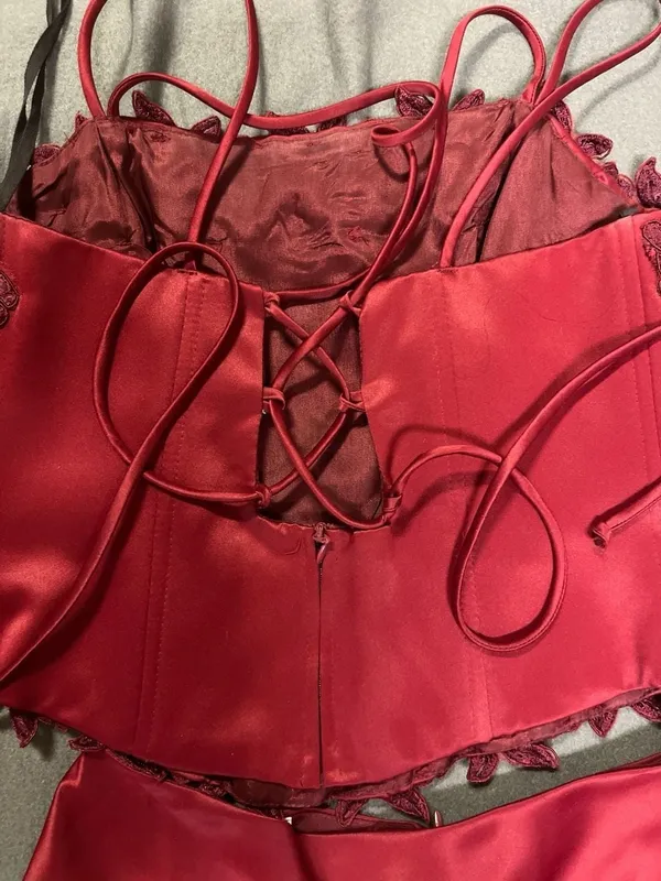 Polka USA Vintage Two-Piece Burgundy Satin Prom Dress Lace-Up Corset Top & Maxi - Image 7
