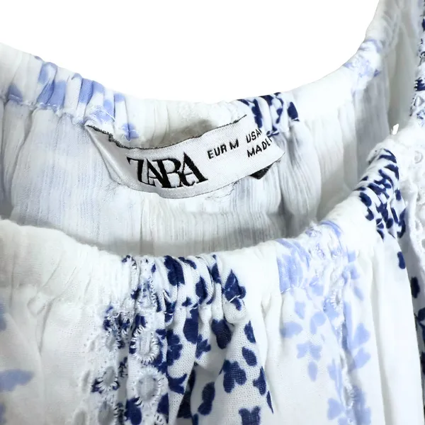 ZARA Floral Tiered Eyelet Lace Maxi Dress Medium White Blue Cottagecore Prairie - Image 5