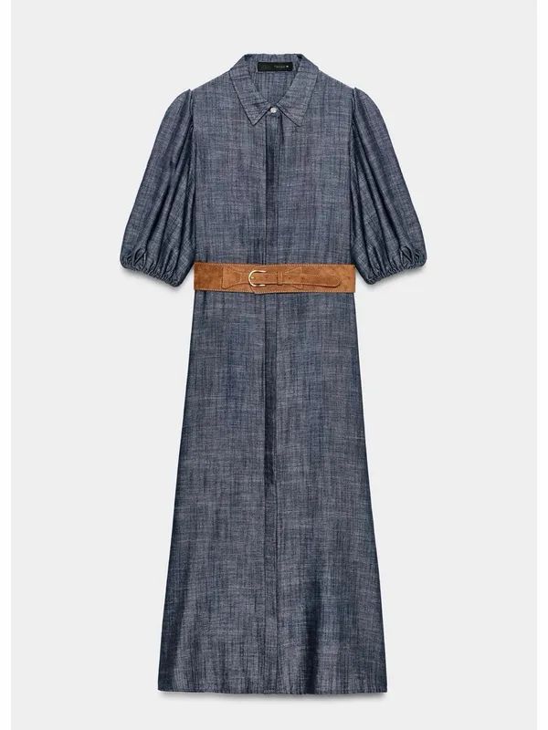 ZARA Blue Puff-Sleeve Maxi Shirt Dress with Belt - Image 7