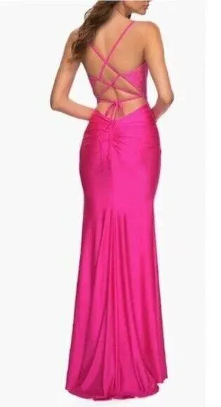LA FEMME Tie Back Sequin Trumpet Gown in Neon Pink Size US 0 - Image 2