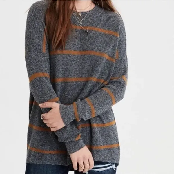 American Eagle Grey & Tan Striped Knit Crewneck Jegging Fit Sweater Size M - Image 6