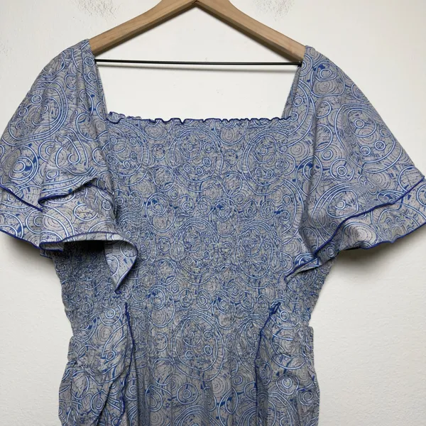 Women Cotton Smocked Midi Dress XL Blue Paisley Flutter Sleeve Nap Cottage - Image 9