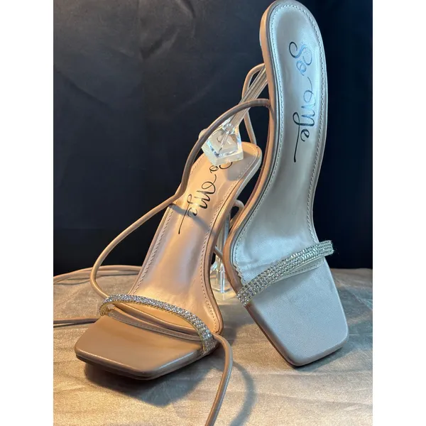 So Me Nude Lace Up Rhinestone Square Toe Clear Flared Stiletto Heels Size 7 - Image 3