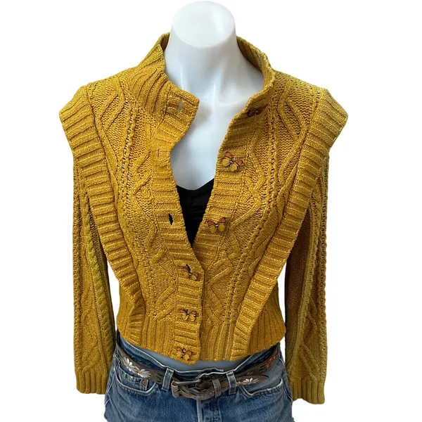 Central Park West Mustard Cable Knit Cardigan Sweater SMALL Cottage Prairie $181 - Image 7