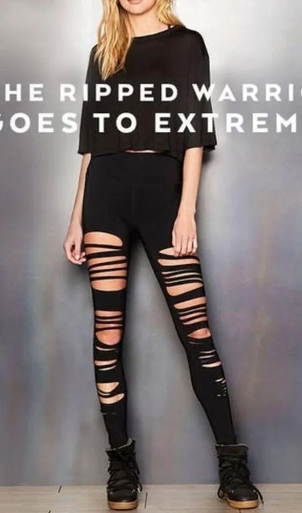 Alo High-Waist Extreme Ripped Warrior Leggings Black Edgy Hi-Rise Destroyed Pant - Image 8