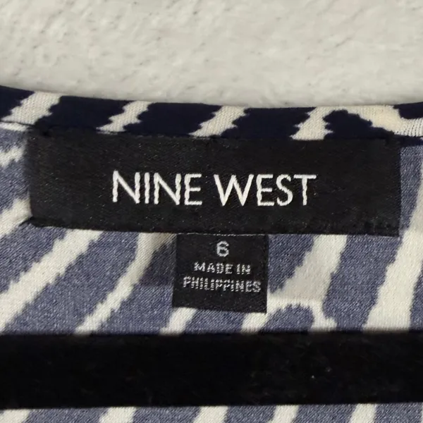 Nine West 6 Geometric Print Ruffle Neck Maxi Dress Navy White Sleeveless Summer - Image 5