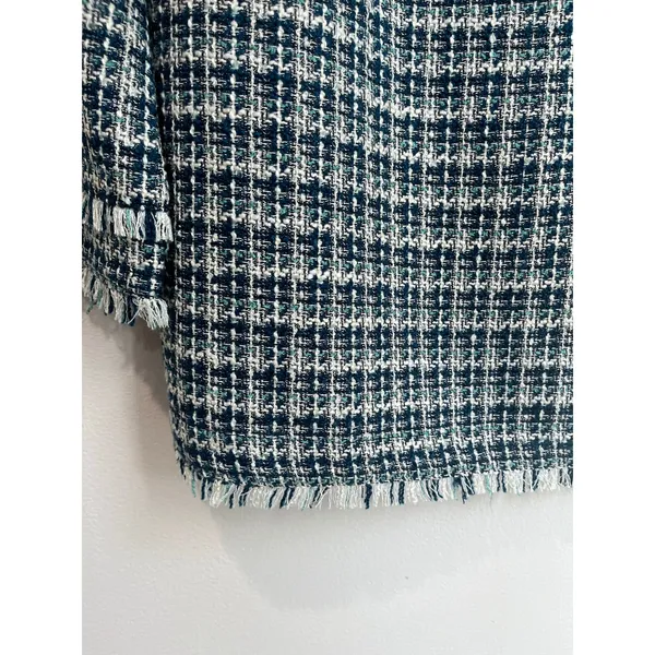 Ann Taylor Blue White Tweed Top Fringe‎ Trim Textured Blouse Chic Size 8 - Image 7