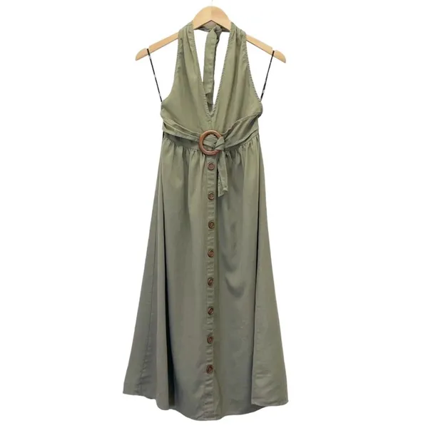 Lulus Feeling the Breeze Olive Green Buttoned Halter Backless Midi Dress Size XS - Image 2