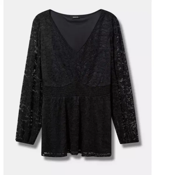 Torrid Black Stretch Lace Smocked Long Sleeve Babydoll Top Size 3X Goth Casual‎ - Image 5