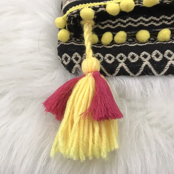 Just Fab Fold Over Bag Yellow Pom Pom Tassel‎ Trim Colorful Clutch Purse - Image 5