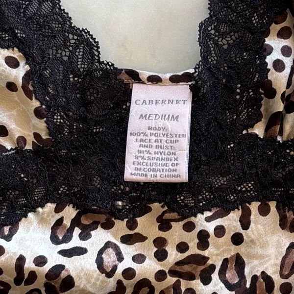 Cabernet Leopard Print Satin Slip Dress Black Lace Trim Chemise Nightgown Size M - Image 5