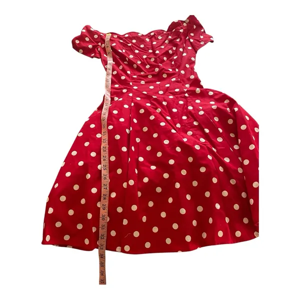Vintage 80s/90s Red & White polka dot off the shoulder A line dress Byer Too! 5 - Image 7