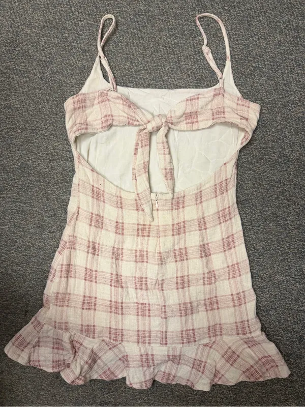 Olivaceous Plaid Mini Cotton Gauze Dress Pink Cottagecore Open Back M Ruffle Hem - Image 8