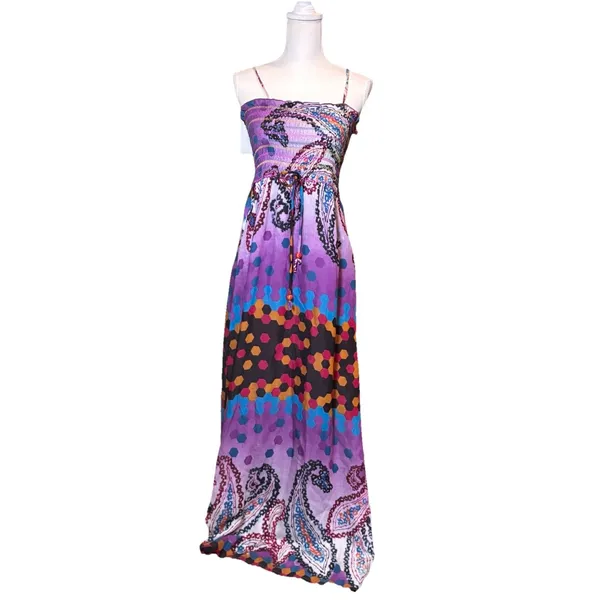 Ark & Co‎ Smocked Maxi Dress Purple Paisley Geometric Spaghetti Strap Size S - Image 3
