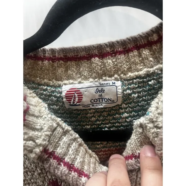 vintage Isle Of Cotton cardigan‎ W/embroidered Flowers Medium Tan - Image 3