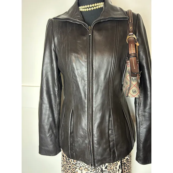 Y2K Indie Sleaze Jones New York Brown Leather Jacket Pleated Zip Up Grunge - Image 2