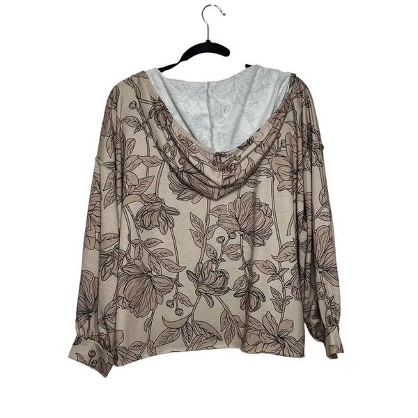 BiBi Floral Hoodie Top Taupe Lightweight Pullover Small Boho Casual - Image 2