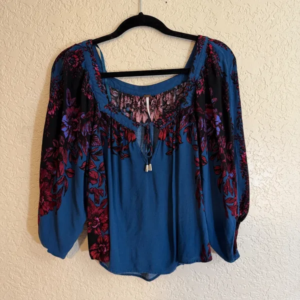 Free People Blouse Blue S Womens Floral Boho Peasant Top - Image 3
