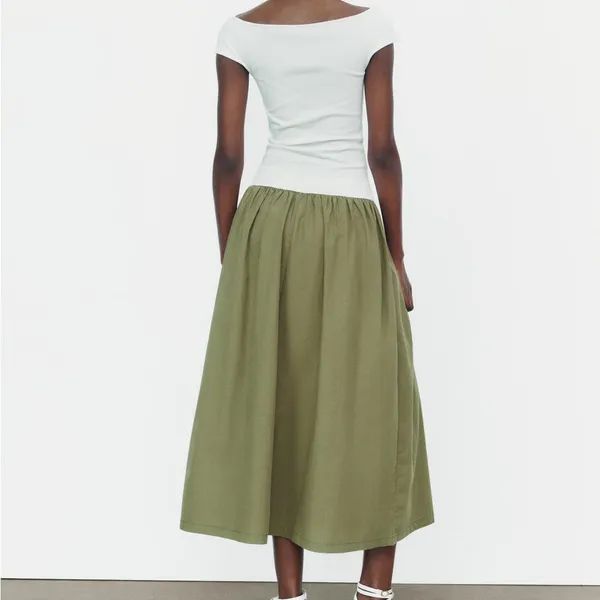 Zara White and Olive‎ Green Off-Shoulder Midi Dress - Image 4