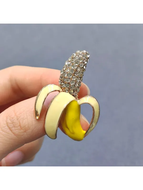 Enamel Half Skinned Banana Brooch Inlaid with Rhinestone - Image 3
