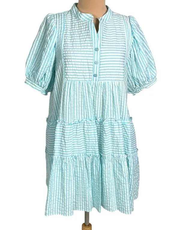 &merci Aqua White Striped Seersucker Tiered Mini Dress S Half Button Puff Sleeve - Image 2