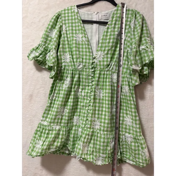 Sabo Skirt Green Gingham Floral Embroidered Mini Dress Womens Size 8 L V-Neck - Image 2
