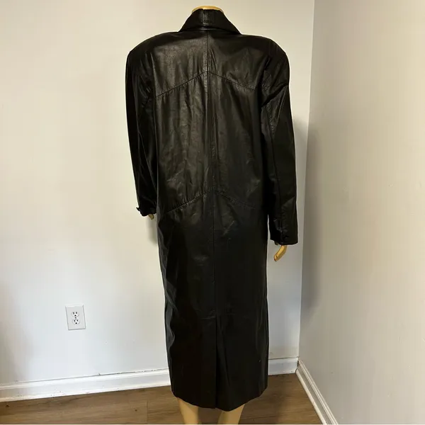 Comint‎ Leather Black Trench Coat Long Duster Jacket Womens Large C5087 Vintage - Image 5