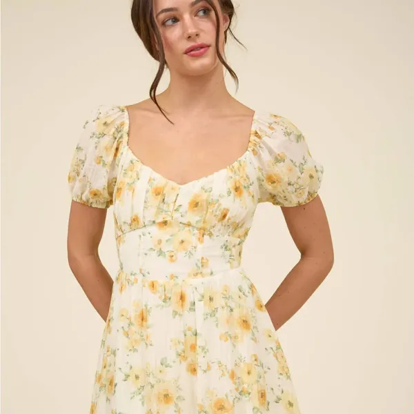 Blu Pepper Yellow Boho Milkmaid Romantic Summer Floral Midi Dress S - Image 4