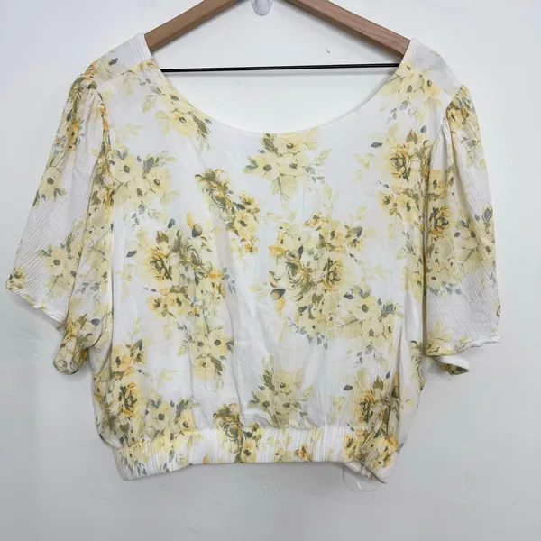 Abercrombie & Fitch White Yellow Floral Front Knot Flutter Sleeve Crop Top XL - Image 3