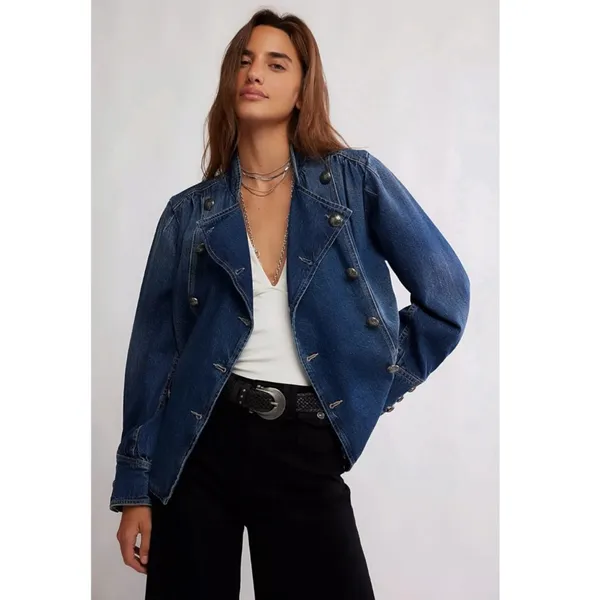 Free People Imogene Denim Officer Jacket in Ensign Wash Large Military Denim - Image 15