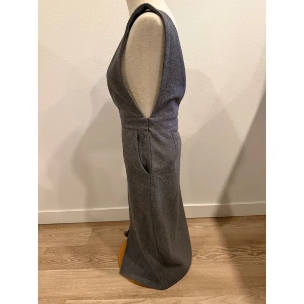J.S.T Gray Wool Blend Pinafore Midi Dress Deep V-Neck Sleeveless Jumper Size L - Image 3