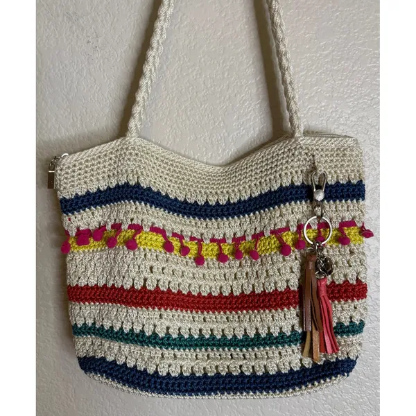 The Sak Womens Medium Shoulder Bag‎ Multi Color Striped Crochet Pom Pom Tassels - Image 2