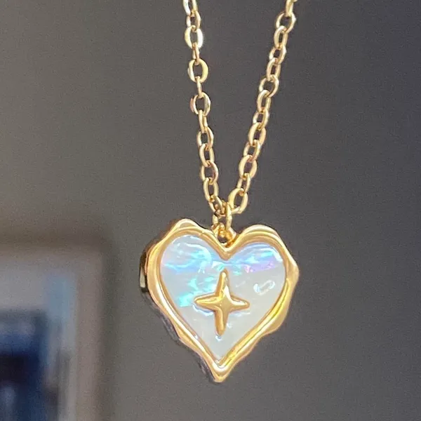 Handmade gold tone stainless steel heart sparkle white shell necklace🐚⭐️🌀 - Image 2