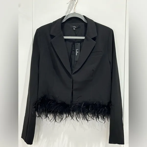 NWT Lulus Celebratory Sweetie Feather Crop Blazer Large Black Cocktail Party - Image 2