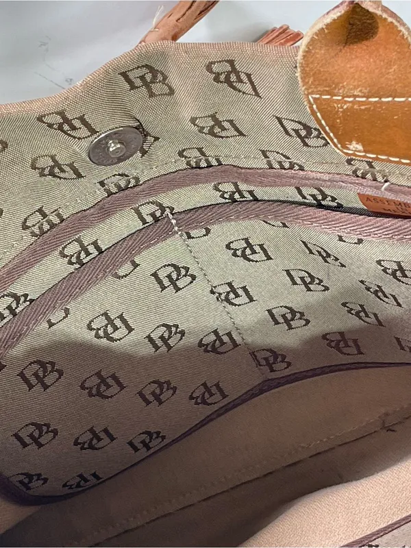 Y2K Dooney & Bourke Tote Bag Brown Monogram Canvas Leather Tassel Academia - Image 11