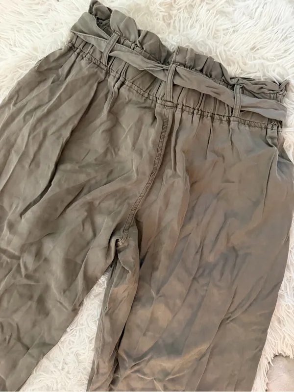 Olive Green Paper Bag Wide Leg Pants Medium Elastic Waist Tie Front - Image 7