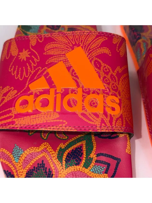 Adidas Adilette Comfort Slides Floral Print Women’s Size 9 Bright Pink Orange - Image 2
