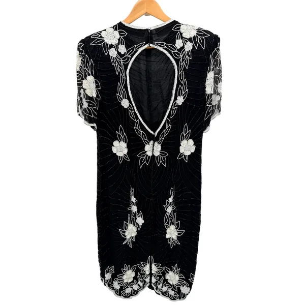 J.K. Laing Vintage Silk Beaded Floral Shift Dress Black White XL Keyhole‎ Back - Image 5