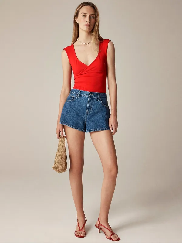 J. Crew Stretch Cotton Cap-Sleeve Crossover Shirt, Vintage Red, Size Small, NWT - Image 2