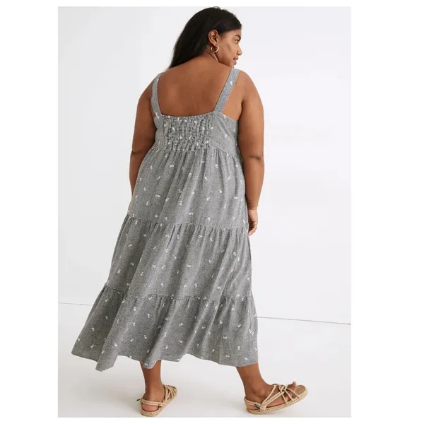 Madewell Embroidered Tiered Midi Plus Dress in Gingham Check Size 1X - Image 3