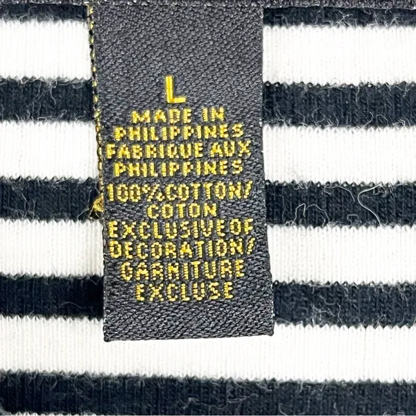 LAUREN RALPH LAUREN Black White Striped Long V-Neck Button Accent Top Large - Image 4
