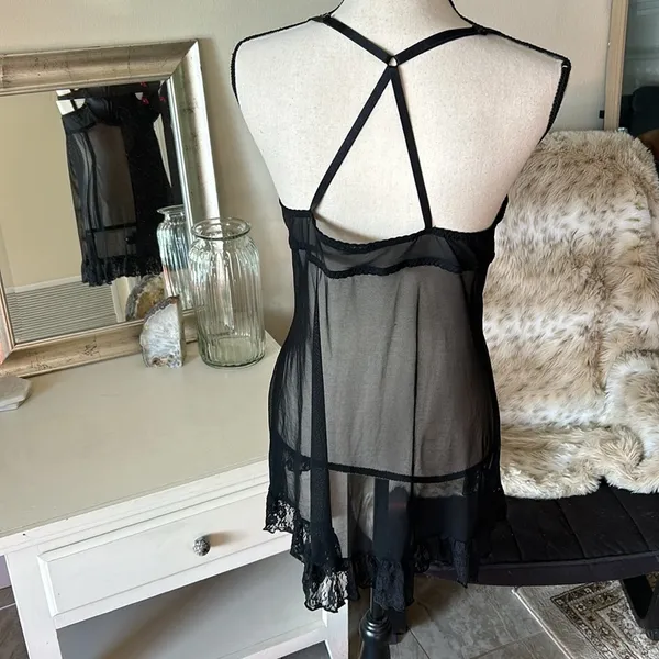 Dolls Kill Black satin sheer mesh ruffle sexy goth vamp maid nighty slip mini dress M​​​​​ - Image 6