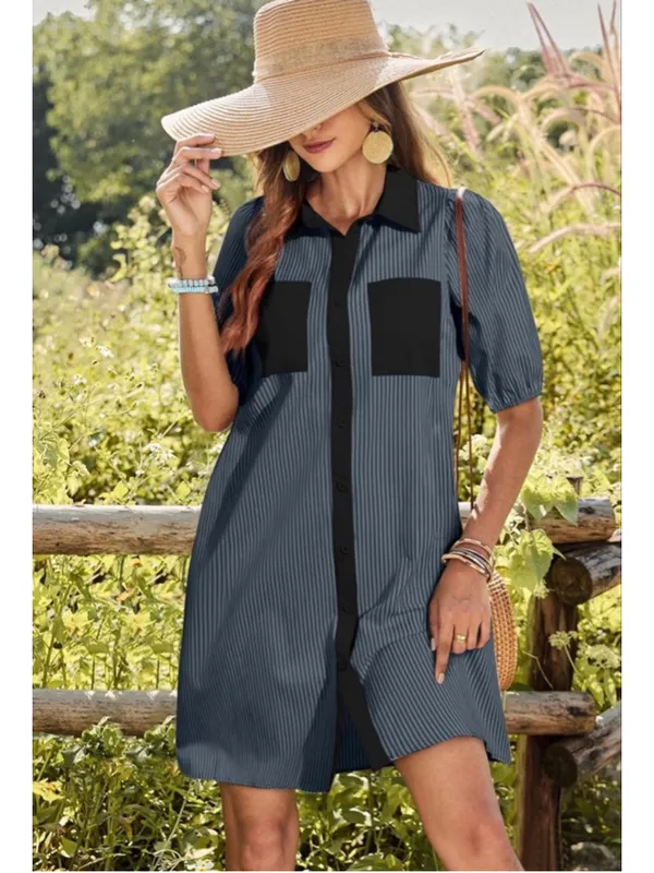NEW V Neck Short Sleeve Button Down Striped Dress L Gray Size L - Image 5