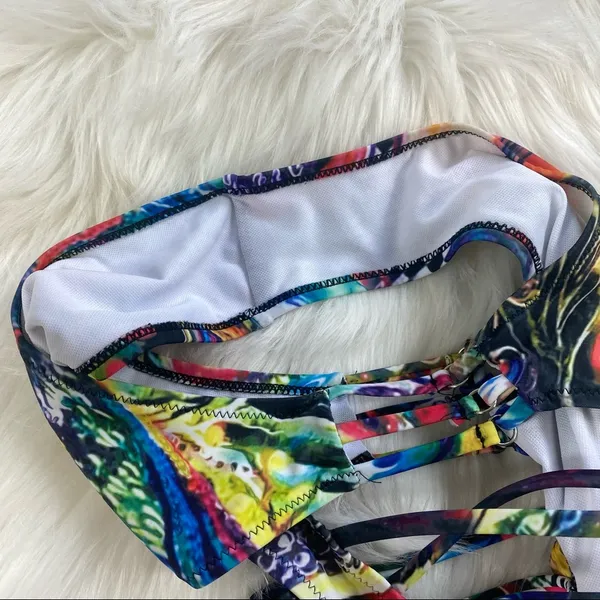 Abstract Plunging Strappy Cheeky Colorful Cutout Bathing Suit - Image 10