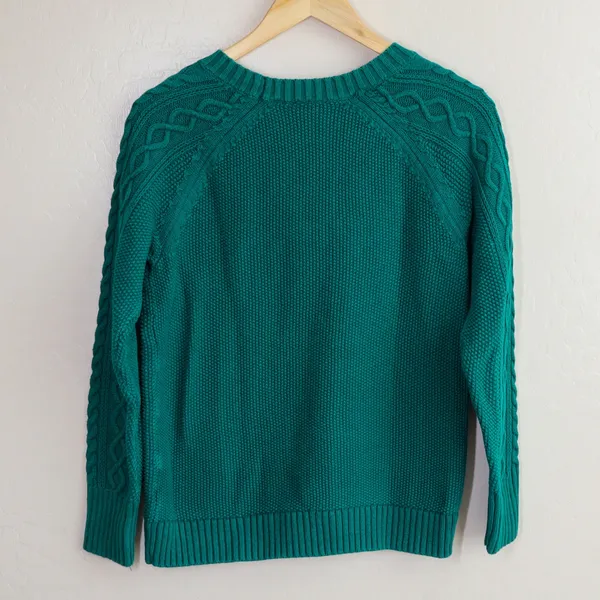 GAP Cable Knit Fisherman Crewneck Sweater Jewel Green‎ Raglan Women's M Cotton - Image 3