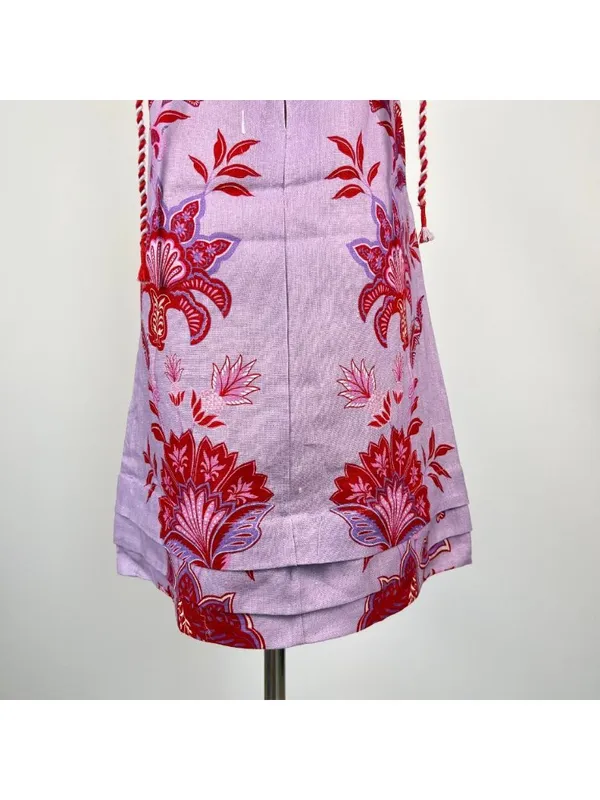 NWOT Linen Floral Tie Spaghetti Strap Pleated Layered Mini Dress Purple Size L - Image 7